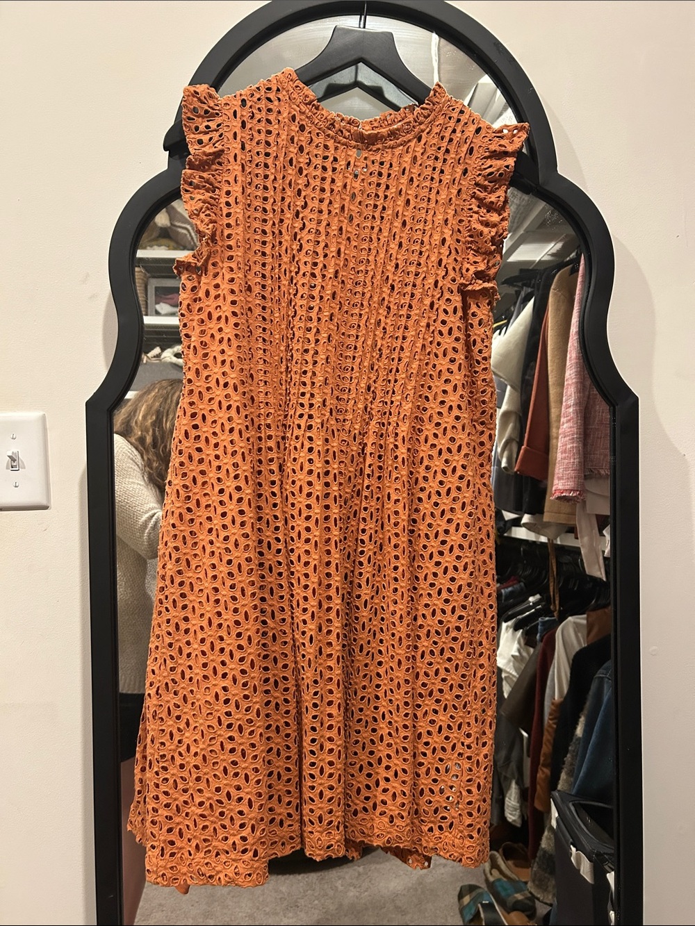 Women’s Burnt Orange Eyelet Ruffle Sleeve Dress